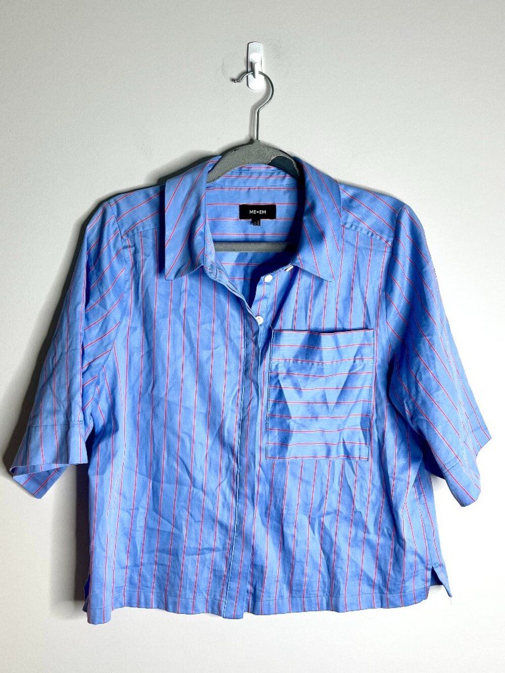 ME+EM Blue Orange Striped Collared Boxy Button-Up Short Sleeve Top Quiet Luxury